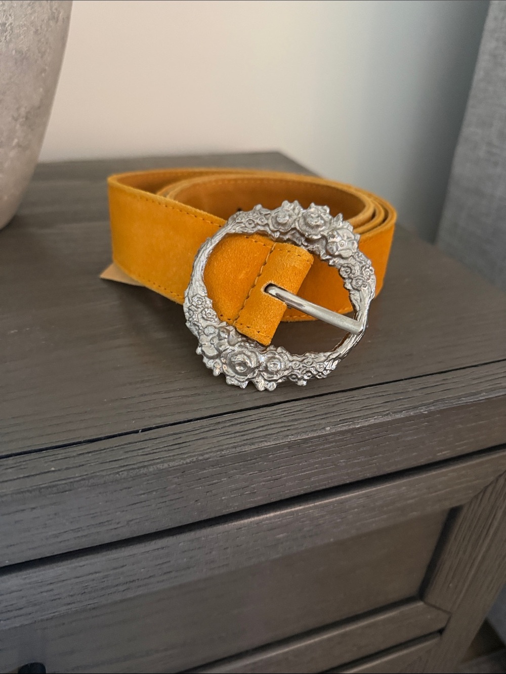 Free People Mustard Suede Belt with Floral Silver Buckle
